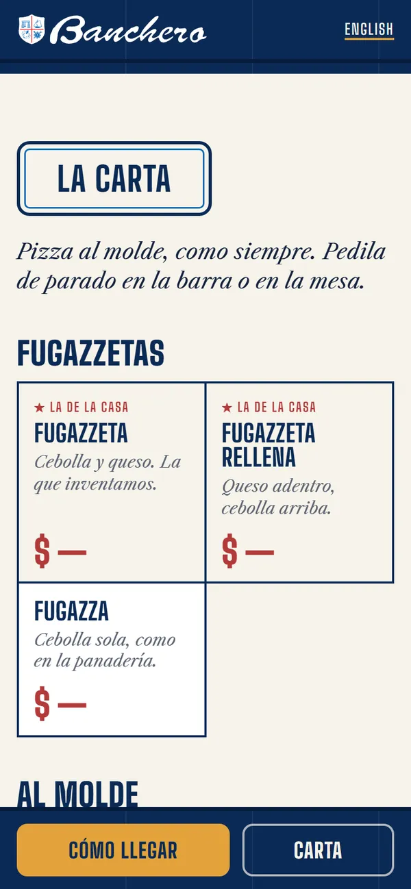La carta del sitio de Banchero en celular