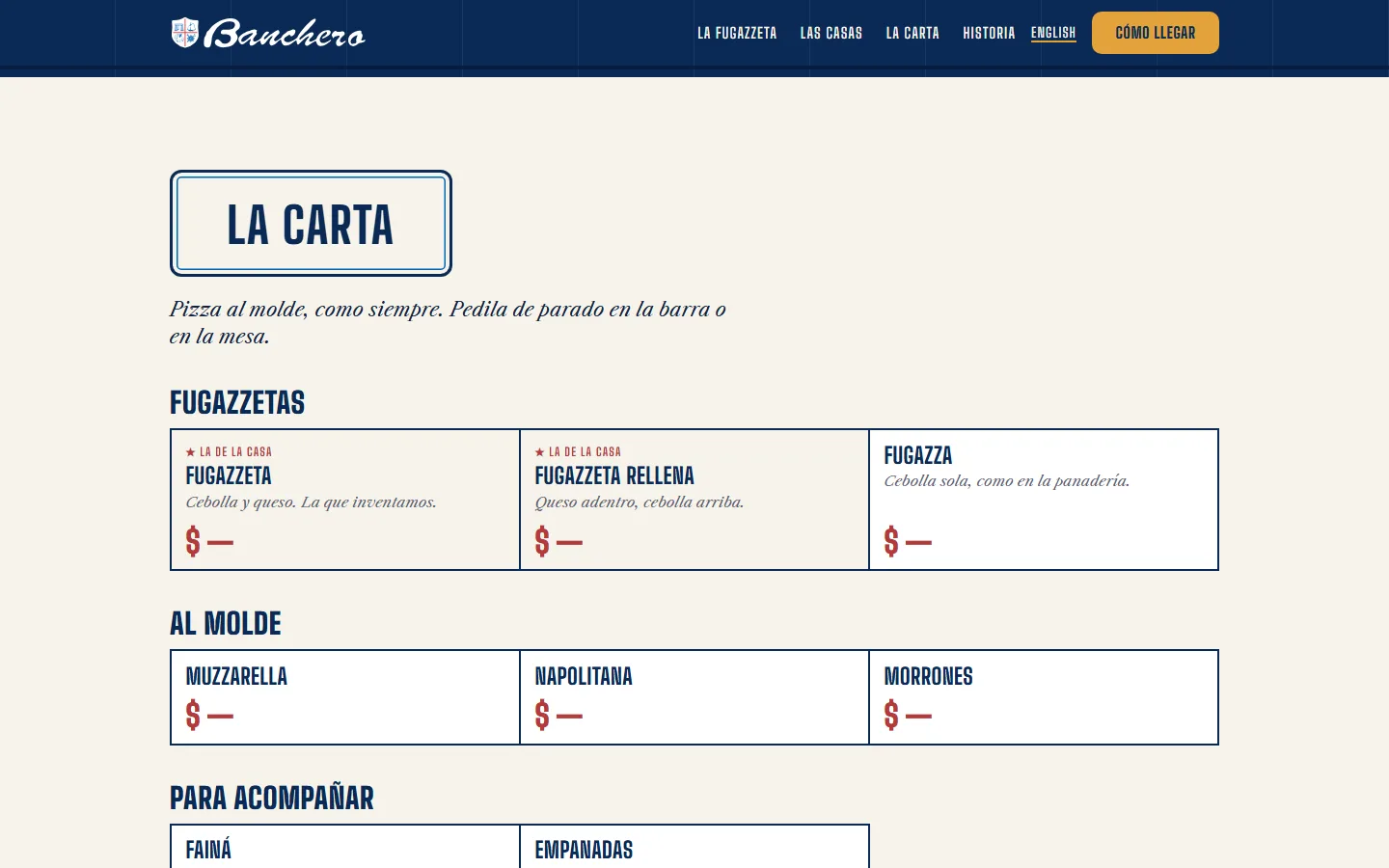 Sección La carta del sitio de Banchero, con fugazzetas y pizzas al molde