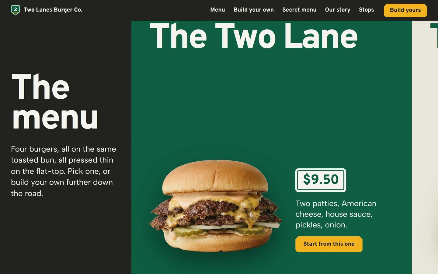 The Two Lanes menu: The Two Lane on road-sign green